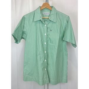 PEAU DE LOUP Striped Button Up Shirt Short Sleeve Upcycled Cotton Green White 10